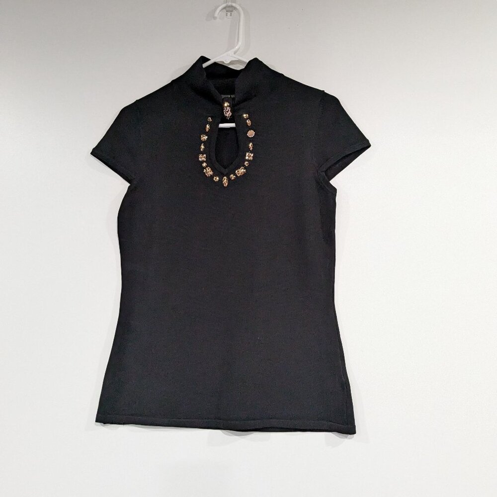*3/$10* Jana Bejeweled Keyhole Mock Neck Short Sleeve Top Black Size Medium